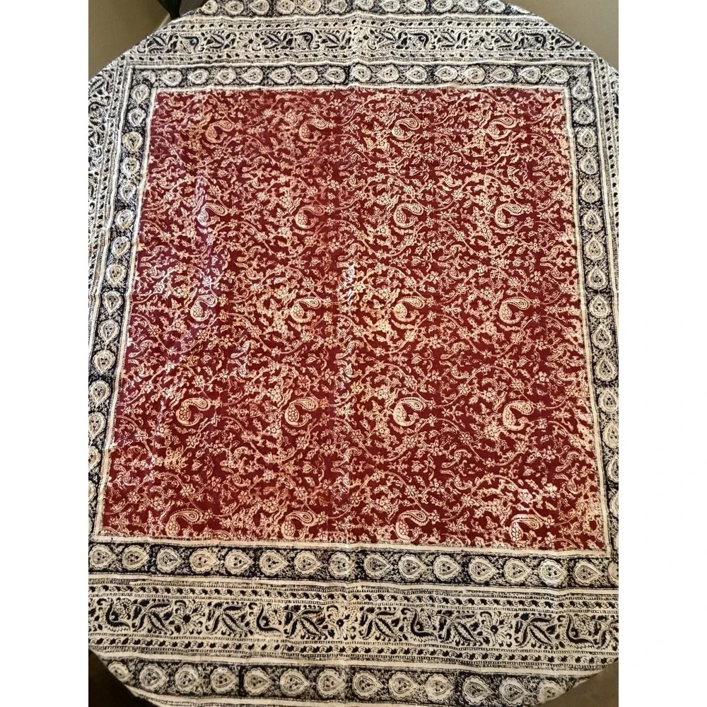 Vintage Indian Block Print Floral Tablecloth Border Black Burgundy Square 44